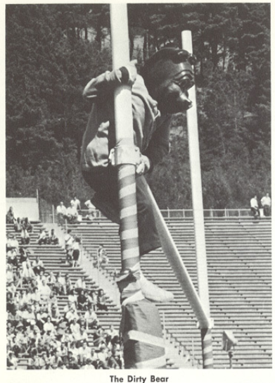 Archival scan: Oski perched on a goalpost. Photo credit: Photographer/artist uncredited in supplied scan.