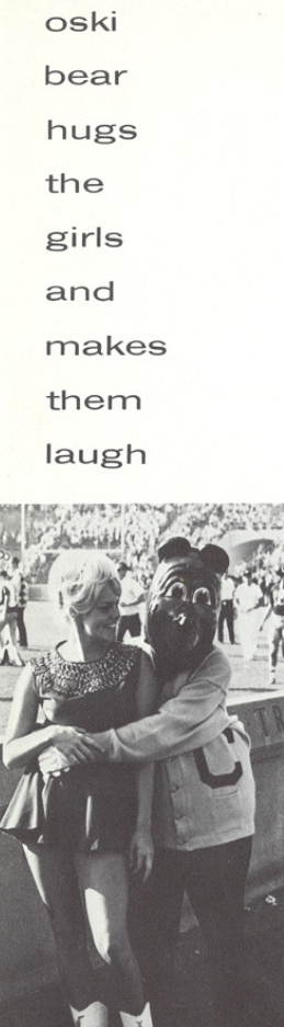 Archival scan: An archival page with a small photograph of Oski embracing a fan. Photo credit: Photographer/artist uncredited in supplied scan.