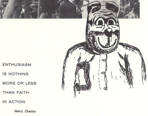Archival scan: An archival drawing of Oski alongside a printed quotation. Photo credit: Photographer/artist uncredited in supplied scan.