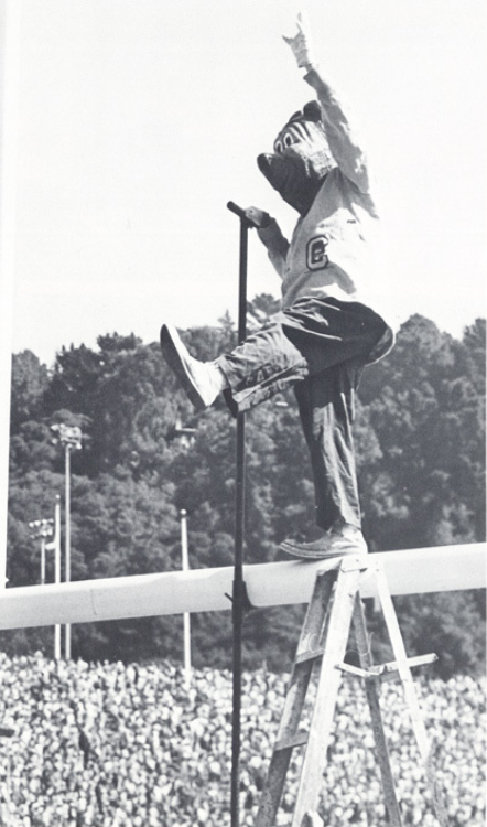 Archival scan: Oski striking a pose atop a goalpost. Photo credit: Photographer/artist uncredited in supplied scan.