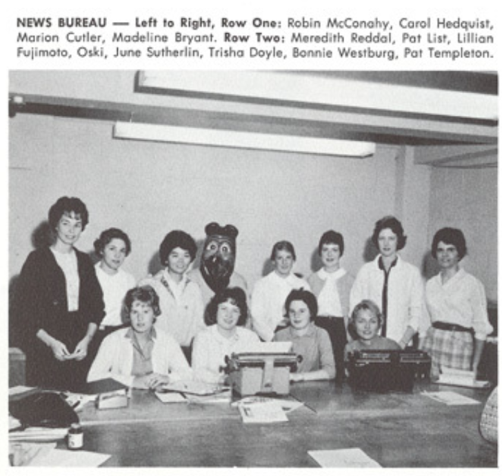 Archival scan: Oski posing with the News Bureau staff. Photo credit: Photographer/artist uncredited in supplied scan.
