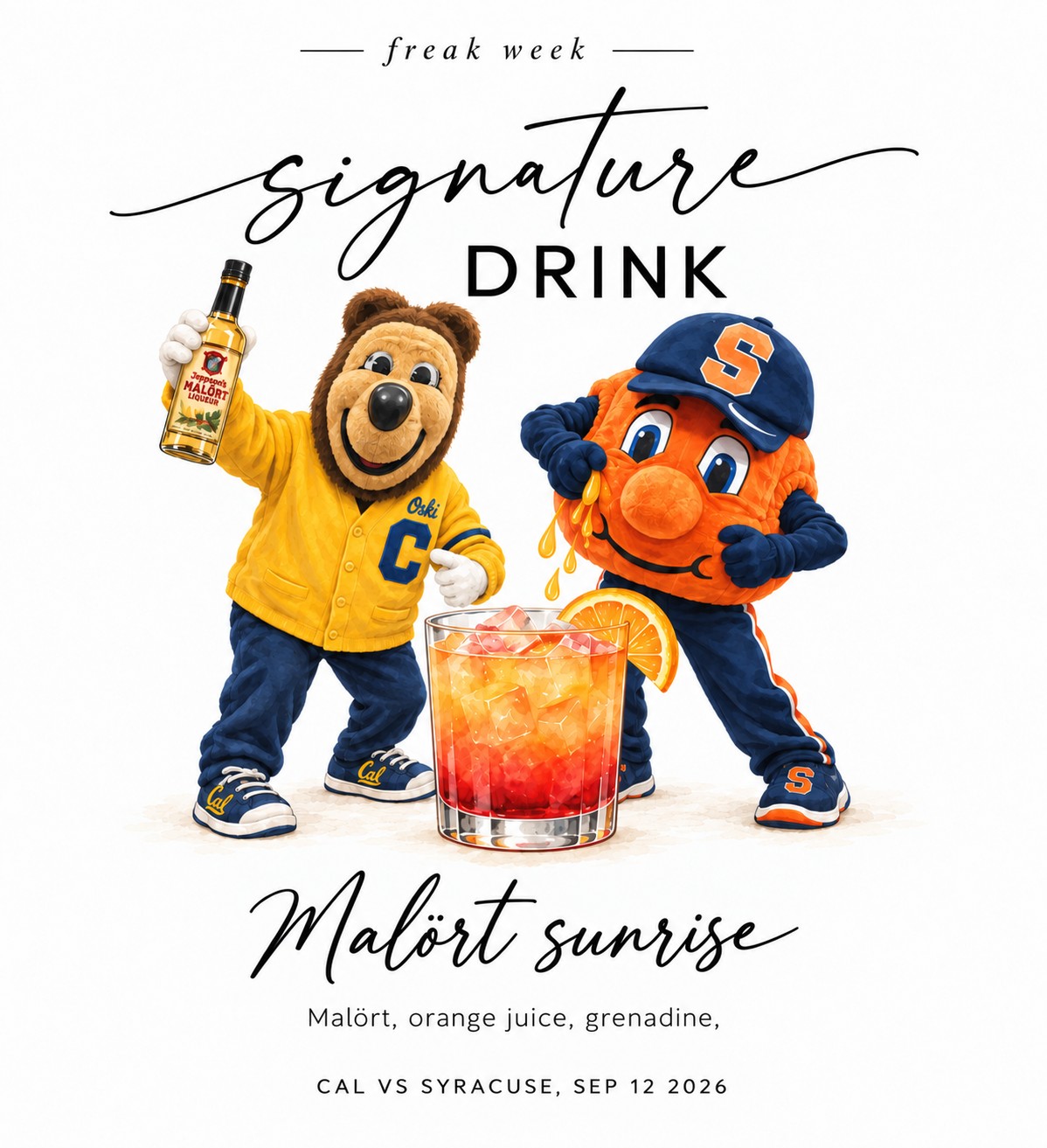 The official unofficial Freak Week drink. Fan-made mascot parody artwork supplied by @calwokebot. Photo credit: @calwokebot (user-supplied fan artwork).
