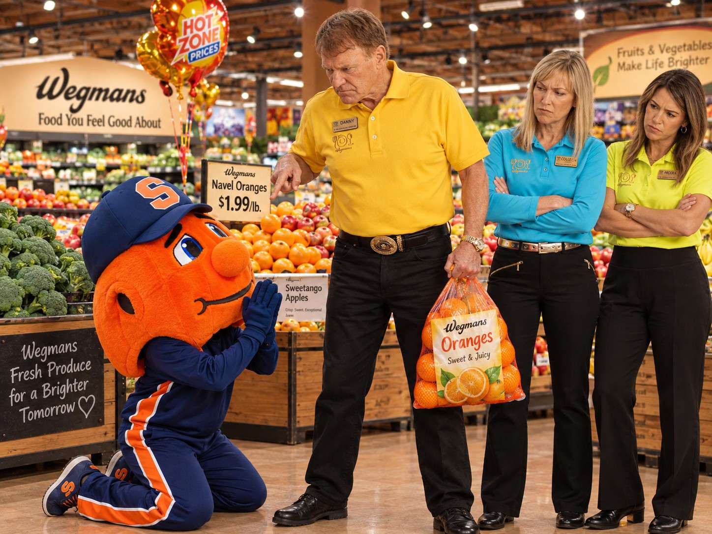 Cleanup in the produce aisle. Fan-made mascot parody artwork supplied by @calwokebot. Photo credit: @calwokebot (user-supplied fan artwork).