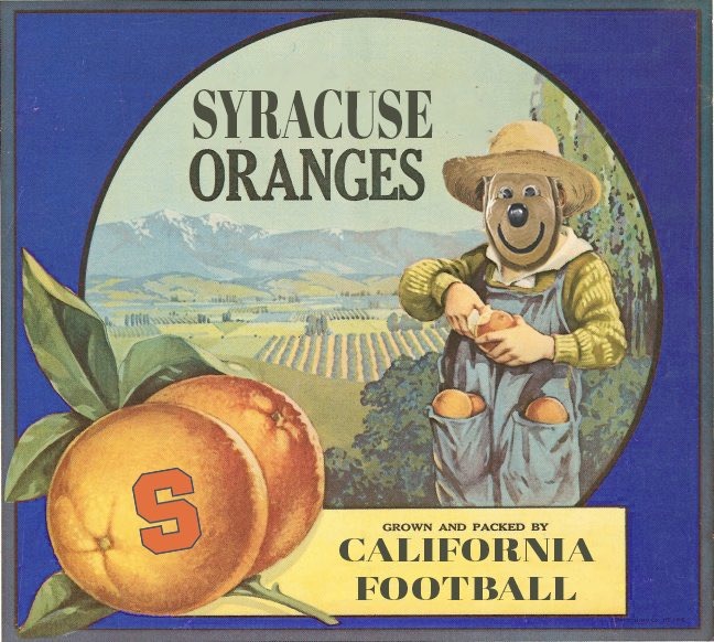 Vintage-style Syracuse Oranges sticker showing Oski packing oranges, with Grown and Packed by California Football lettering. Credit: @mpete91. Photo credit: @mpete91.